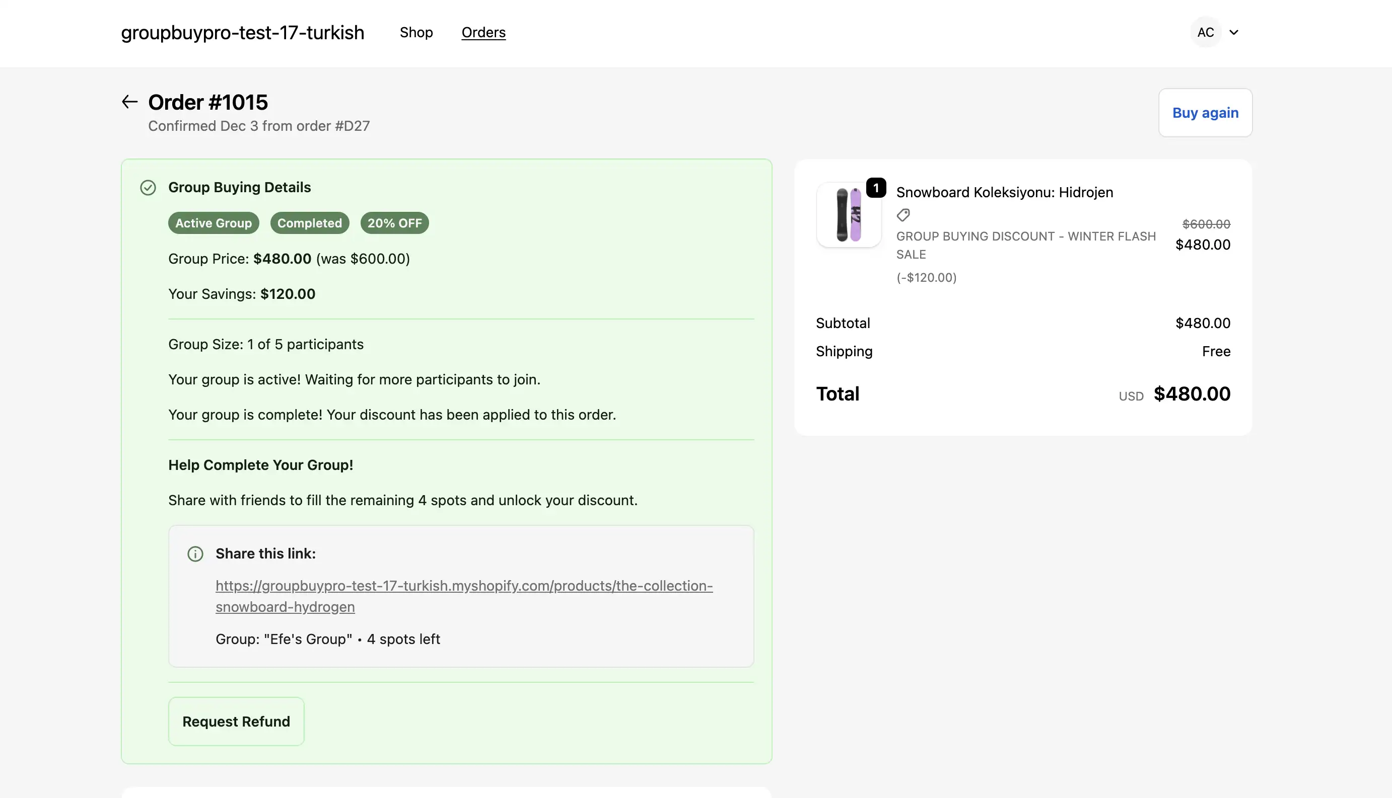 Customer account dashboard showing active group buying campaigns and order management