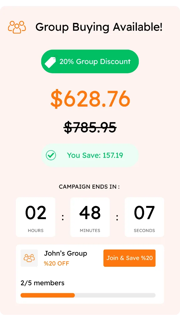 Farabiulder Group Buying Widget Preview showing 20% discount, countdown timer, and group progress