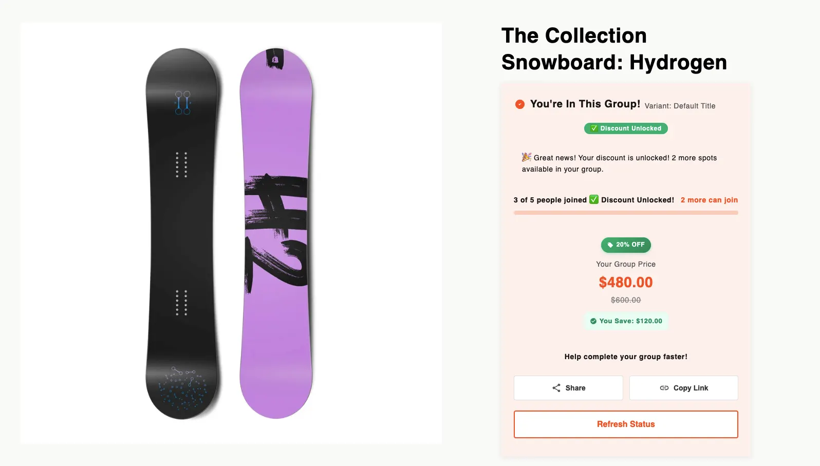 Step 3: Completed group buying campaign showing successful transaction and discount applied