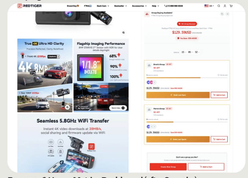 RedTiger dashcam product page with the Farabiulder group-buy widget in the buy box, showing the group discount, countdown timer, and the option to join an open group or start a new one.