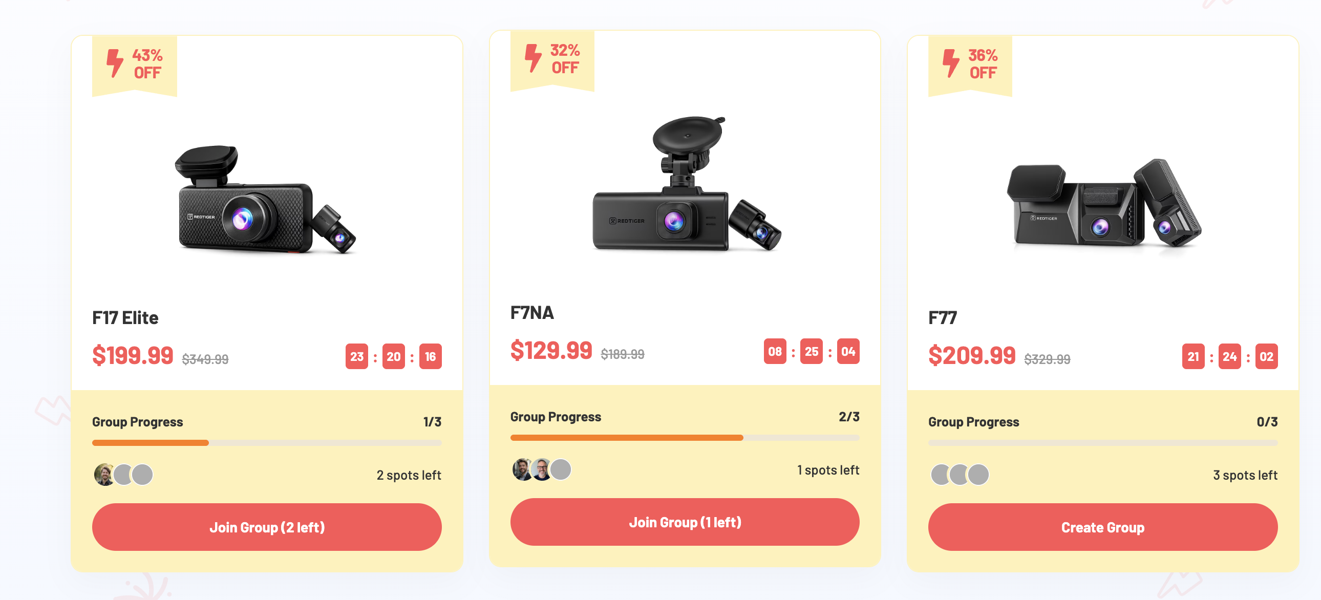 RedTiger Shopify collection page showing three live group-buy campaigns — F17 Elite at 43% off, F7NA at 32% off, and F77 at 36% off — each with a countdown timer, a group-progress bar, a spots-left counter, and a Join Group or Create Group button.