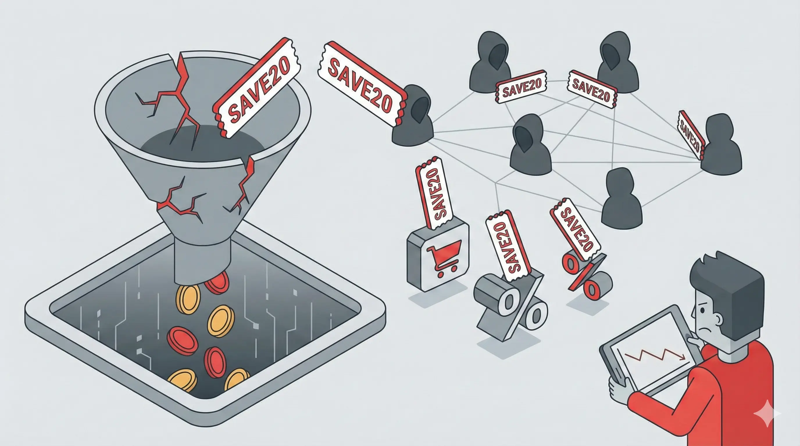 Illustration showing how discount codes leak to coupon sites and train customers to wait for sales