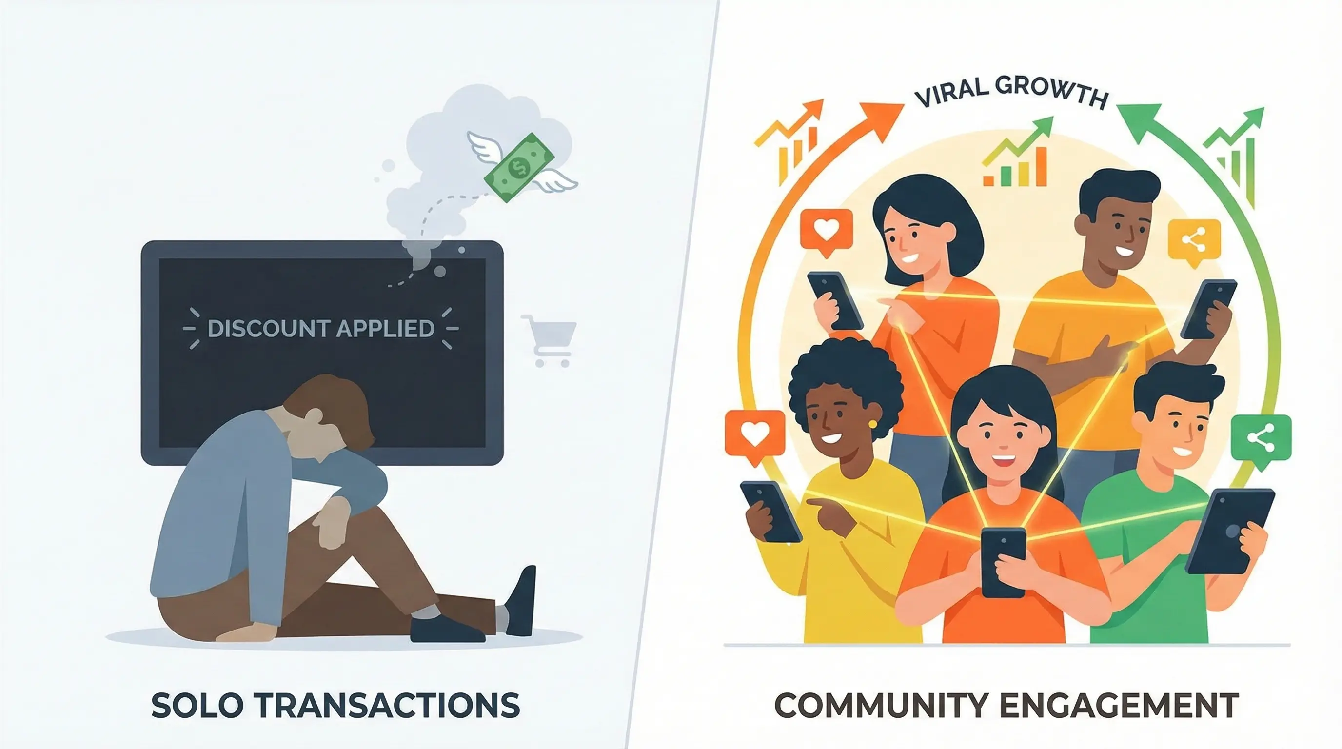 Comparison of group buying vs discount codes showing viral growth potential